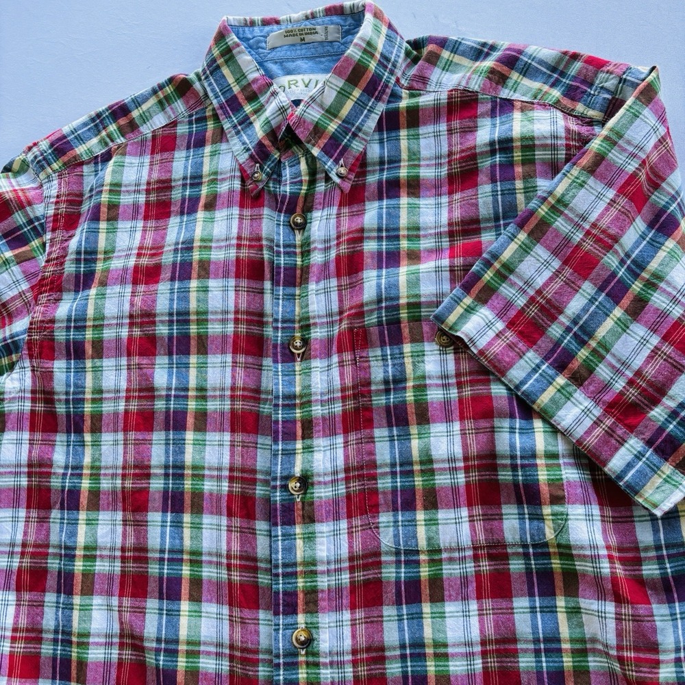 Orvis‎ Madras Plaid Shirt Mens M Short Sleeve Button Down Red Blue Green Cotton